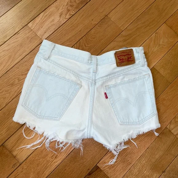 Levi 501 High Waisted Denim Distressed Shorts - Light Blue / Almost White - Picture 1 of 2
